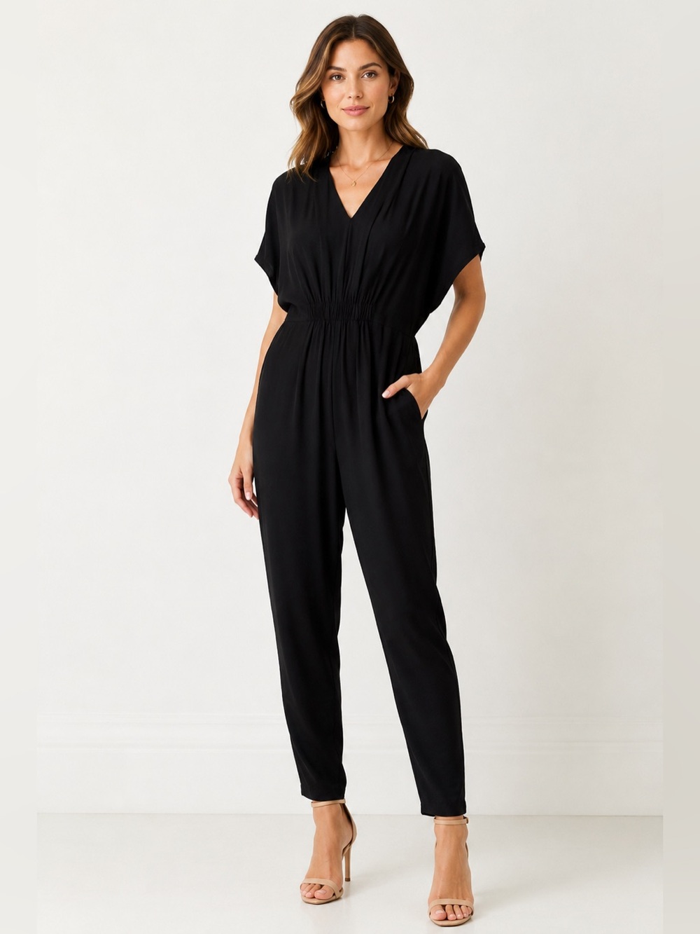Seed Heritage Black V-Neck Jumpsuit Size 8 100% Viscose Draped Relaxed Fit